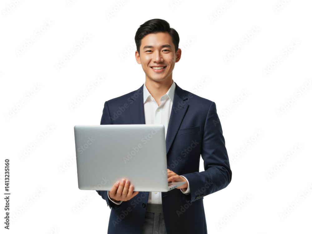Business portrait isolated on white transparent background: A smiling Asian man in a navy suit and white shirt confidently holds a laptop while looking directly at the viewer against a white backgro Business portrait isolated on white transparent background: A smiling Asian man in a navy suit and white shirt confidently holds a laptop while looking directly at the viewer against a white backgro
