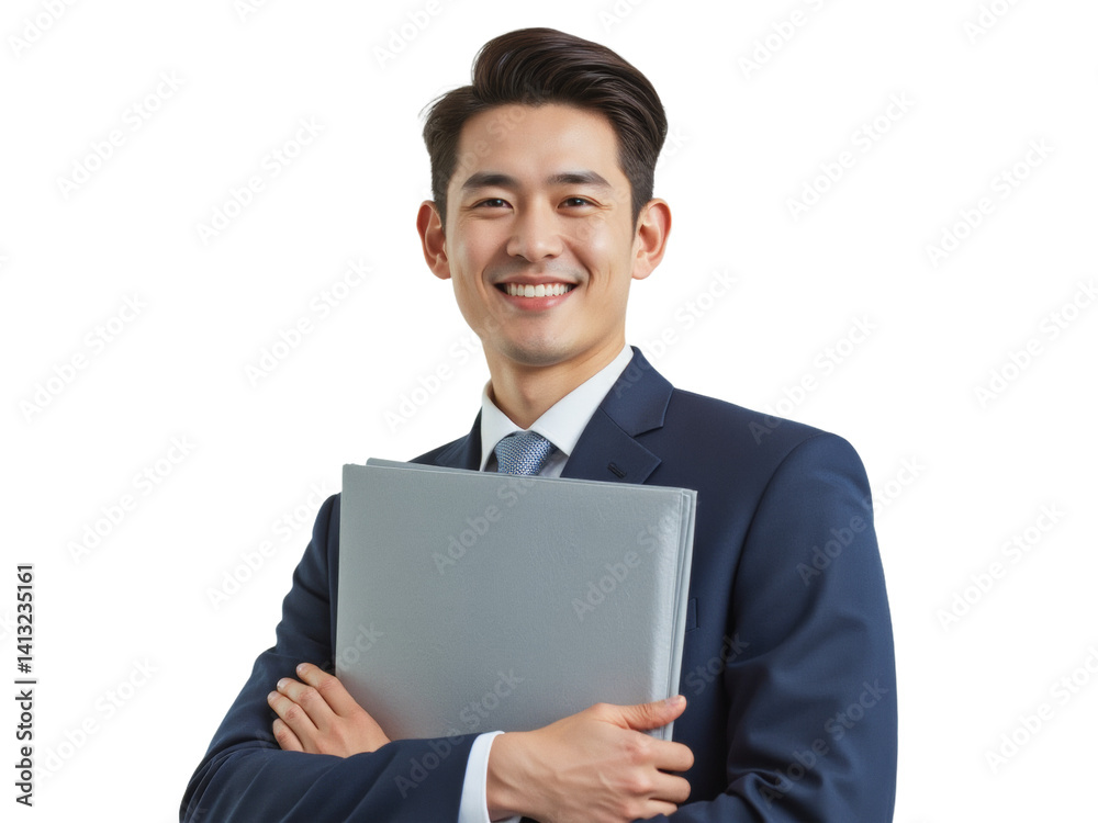 Business portrait isolated on white transparent background: A smiling Asian man in a navy suit and tie confidently holds a gray folder while looking directly at the camera. Business portrait isolated on white transparent background: A smiling Asian man in a navy suit and tie confidently holds a gray folder while looking directly at the camera.