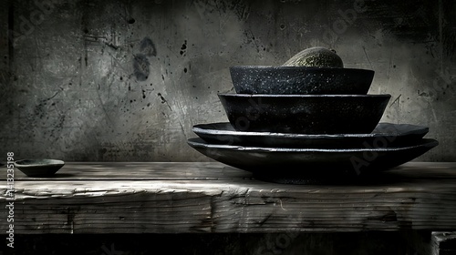 Wallpaper Mural Rustic Arrangement: Dark Ceramic Bowls and Plates on Weathered Wood Surface Torontodigital.ca