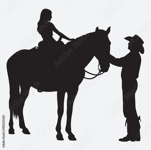 cowboy gently helping a girl silhouette vector art illustration, cowboy and horse