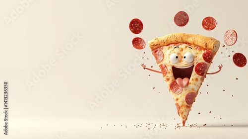 A cheerful animated pizza slice character with wide eyes and a big smile, joyfully juggling pepperoni slices.