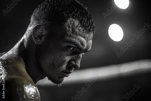 Closeup of sweaty male boxer in dark gym with spotlight