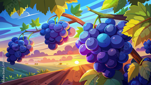 Ripe bunches of blue grapes illuminated by setting sun. Harvest time. Blurred background. Close-up. Copy space for text.