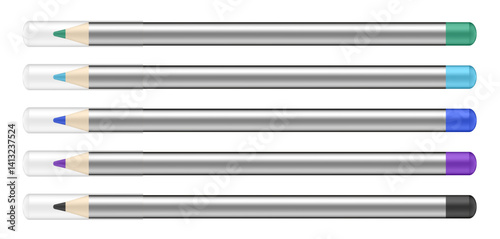 Set of silver cosmetic pencils. Thin and long eye liners. Purple, blue, green and black pencils with transparent caps.