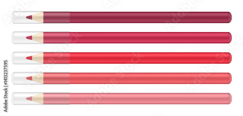 Set of cosmetic pencils, long ond thin wooden lip liners with transparent caps. Shades of red