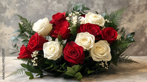 A timeless red and white rose bouquet, with each rose perfectly placed to create a stunning visual balance, framed by soft greenery and a light breeze.