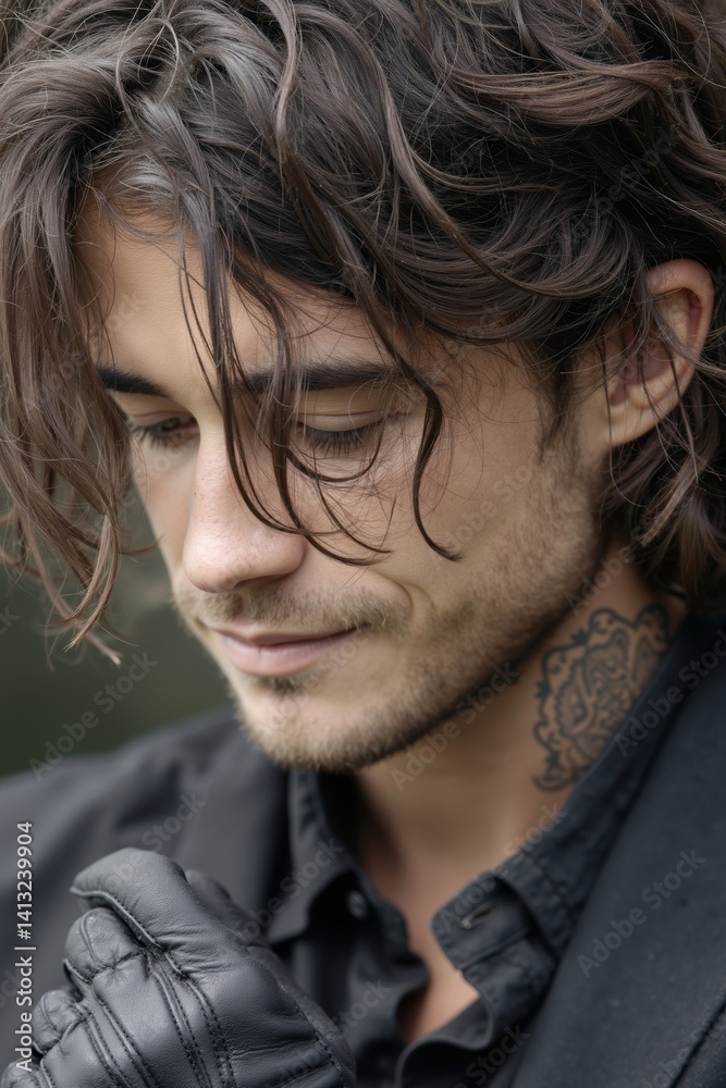Obraz premium A man with long hair and a tattoo on his neck