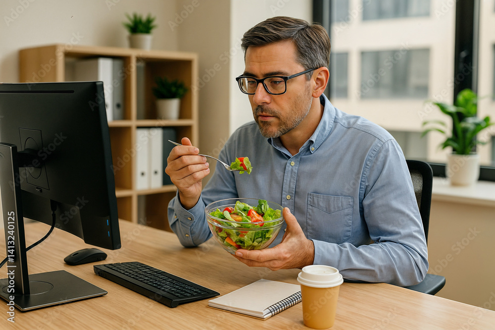 A man wearing glasses is eating a salad while sitting at a desk with a computer, keyboard, mouse, notebook, and cup of coffee