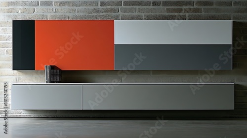 Modern living room interior display with geometric panel and floating cabinet