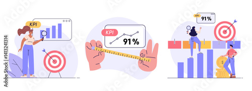 KPI illustration. Key Performance Indicator collection. Businessman measuring business result. Quality analysis and control. KPI measurement to evaluate success. Vector flat cartoon set
