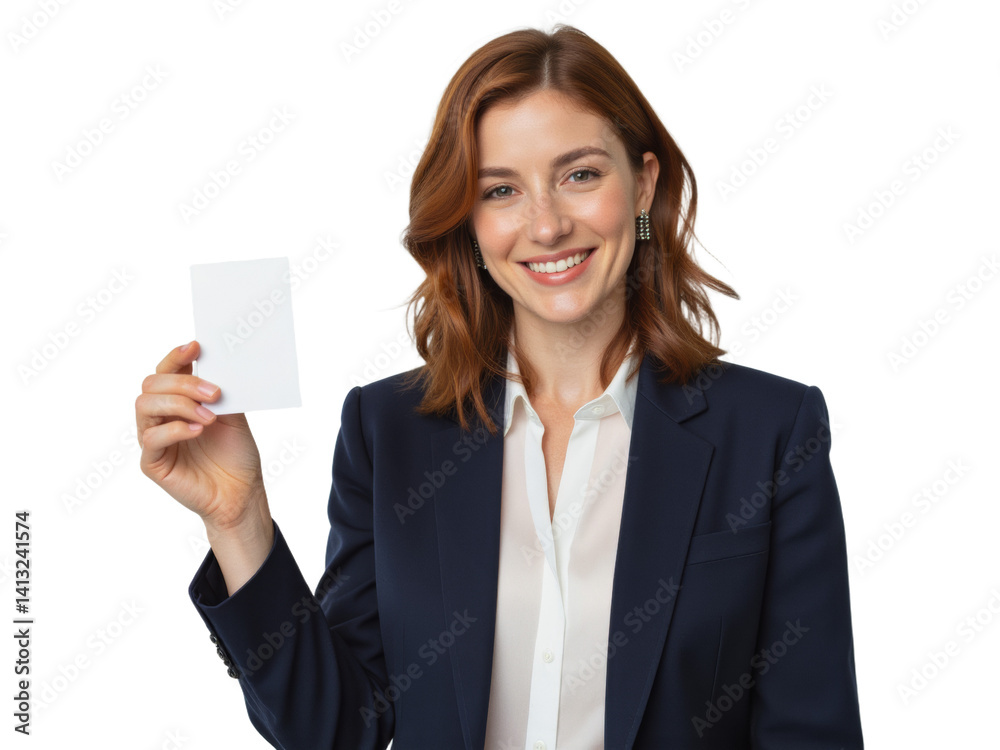 Business portrait isolated on white transparent background: A smiling businesswoman in a navy blazer and white blouse holds a blank white card, presenting a professional and approachable demeanor. Business portrait isolated on white transparent background: A smiling businesswoman in a navy blazer and white blouse holds a blank white card, presenting a professional and approachable demeanor.