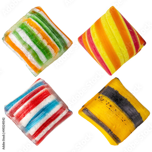 Candy. Colored hard candy. Sweets stripe pattern. Manufacture fruit, berry, sugar, delicious sweet. European candy store. Caramel confectionery. Yummy food. Macro food photo. Isolated background.