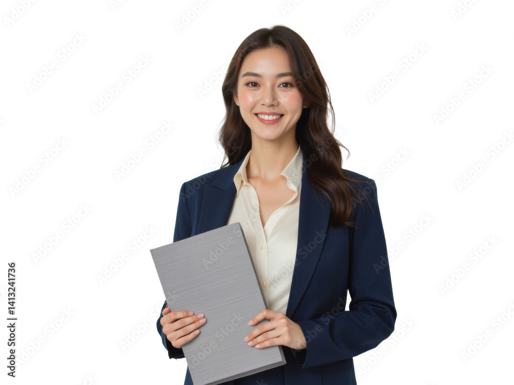 Business portrait isolated on white transparent background: A smiling Asian woman in a navy blazer and cream blouse confidently holds a gray folder, looking directly at the camera against a plain wh Business portrait isolated on white transparent background: A smiling Asian woman in a navy blazer and cream blouse confidently holds a gray folder, looking directly at the camera against a plain wh