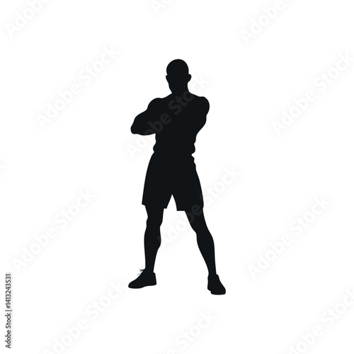Silhouette Of Muscular Athletic Man Standing With Arms Crossed Confident Pose Fitness And Strength Training Conceptual Gym Illustration Vector