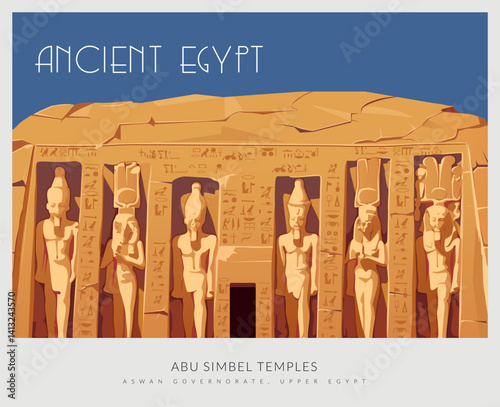 Abu Simbel, a historic site with massive rock-cut temples - Egypt - Stock Illustration