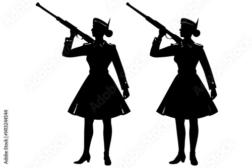 Silhouette of women holding rifles aloft
