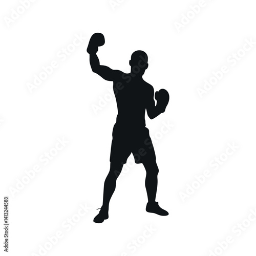 Boxing Champion Silhouette With Gloves Raised In Victory Stance Graphic Vector Art Sportsman Celebrating Success Boxing Training Martial Arts Fighter Strong