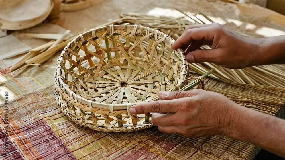 Craftsman making a wicker basket.