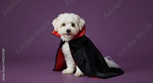 Dog wearing a vampire cape in a studio with a purple background