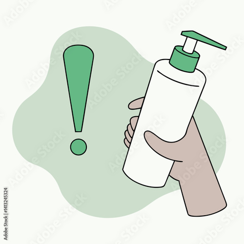 Hand Holding White Bottle with Green Cap and Exclamation Mark.