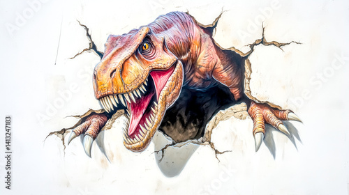 Fototapeta Naklejka Na Ścianę i Meble -  Dinosaur breaking through wall in 3d chalk art