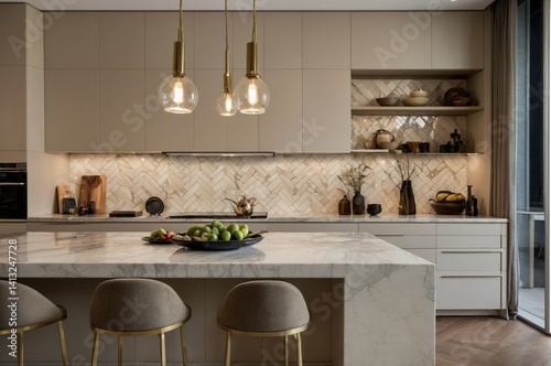 Luxurious modern kitchen with island and overhead pendant lights