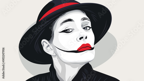 Silent Act: Elegant Female Mime, White Face, Vector Illustration, Isolated on White Background.     