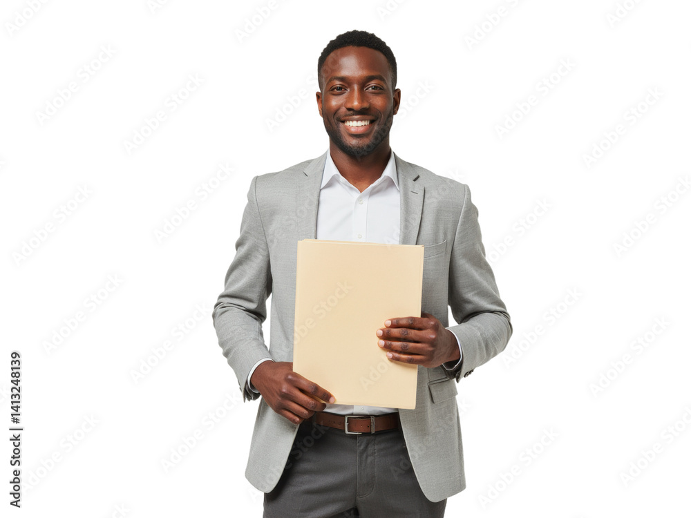 Business portrait isolated on white transparent background: A smiling Black man in a grey blazer and white shirt confidently holds a folder, presenting a professional and approachable demeanor. Business portrait isolated on white transparent background: A smiling Black man in a grey blazer and white shirt confidently holds a folder, presenting a professional and approachable demeanor.