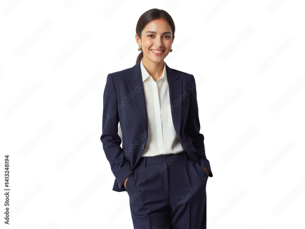 Business portrait isolated on white transparent background: A confident woman in a navy suit and white shirt smiles directly at the camera, conveying professionalism and authority against a plain wh Business portrait isolated on white transparent background: A confident woman in a navy suit and white shirt smiles directly at the camera, conveying professionalism and authority against a plain wh