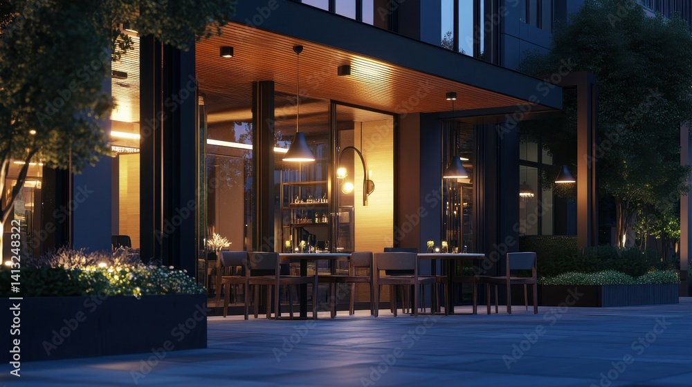 Fototapeta premium Cozy Outdoor Dining Area with Elegant Lighting and Modern Design