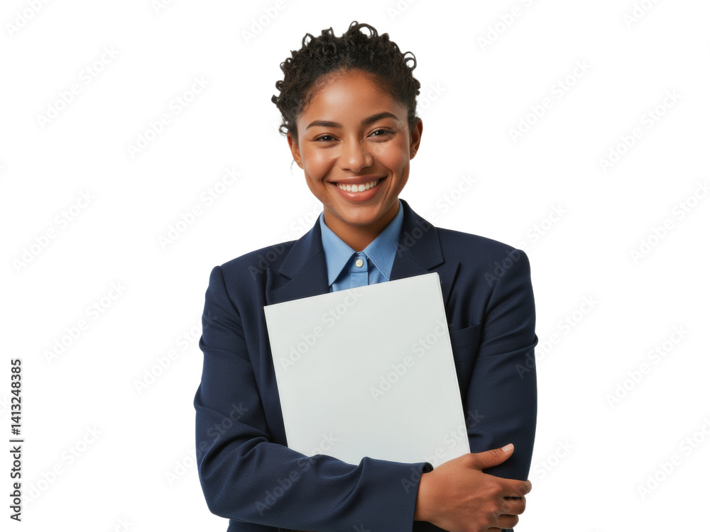 Business portrait isolated on white transparent background: A confident young Black woman in a navy blazer and blue shirt smiles warmly while holding a blank white document. Business portrait isolated on white transparent background: A confident young Black woman in a navy blazer and blue shirt smiles warmly while holding a blank white document.