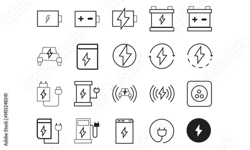 Charging icon set Containing charger powerbank battery electric car and char