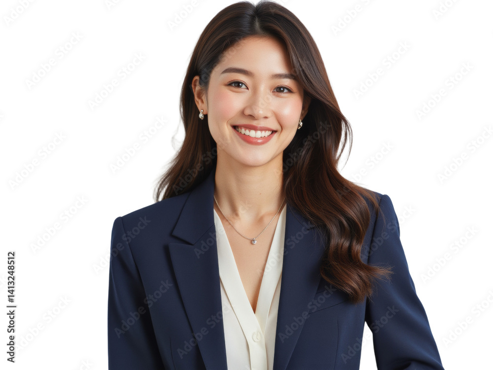 Business portrait isolated on white transparent background: A smiling Asian woman in a navy blazer and white blouse confidently looks at the camera against a plain white background. Business portrait isolated on white transparent background: A smiling Asian woman in a navy blazer and white blouse confidently looks at the camera against a plain white background.