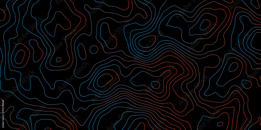 Abstract Glowing Contour Lines on Dark Background. Digital Elevation Map with Neon Light Effect. Dark Abstract Background with Colorful Topo Lines