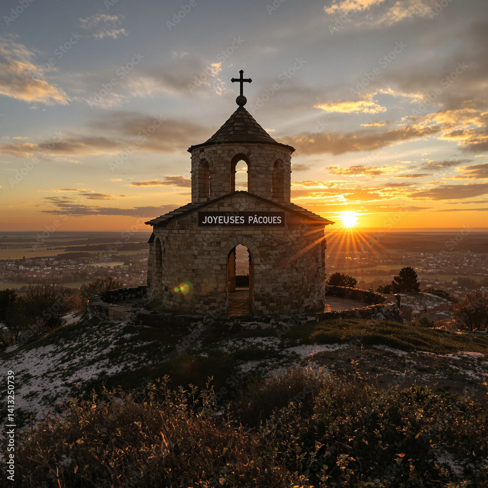 Dawn's Embrace: An Ancient Chapel with 'Happy Easter' in Beautiful Script