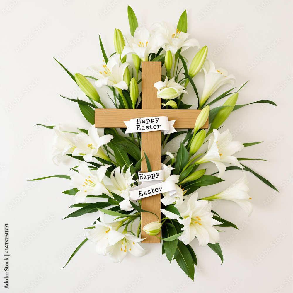 Easter Lily Bouquet with Wooden Cross and 'Happy Easter' Ribbon