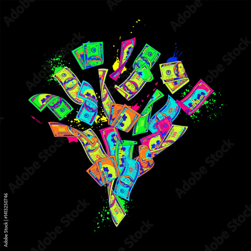 Money composition like burst, explosion with pile of flying apart 100 dollar notes, banknotes, bills, splattered paint blots. Neon fluorescent colors. Pop art style