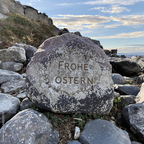 Obraz na płótnie A Peaceful Sunrise Service on a Rocky Hilltop with Easter Inscription w salonie