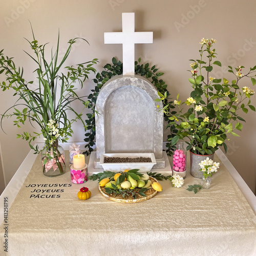 Obraz na płótnie A Vibrant Easter Altar with Fresh Greenery and an Empty Tomb w salonie