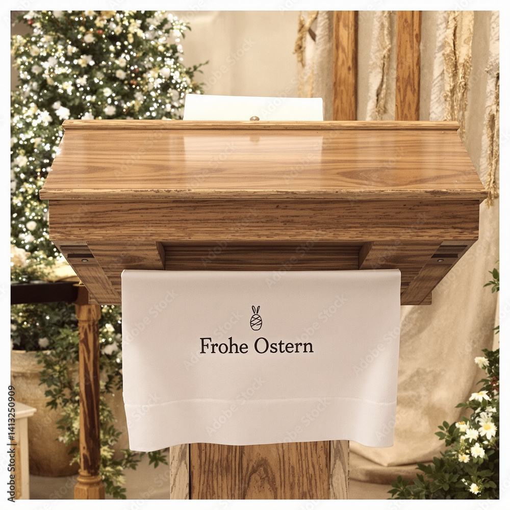 Elegant Rustic Lectern With White Linen and Easter Greetings