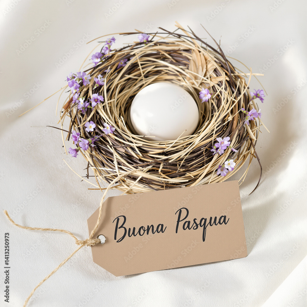 Elegant Easter Nest Arrangement with Flowers and Rustic Tag