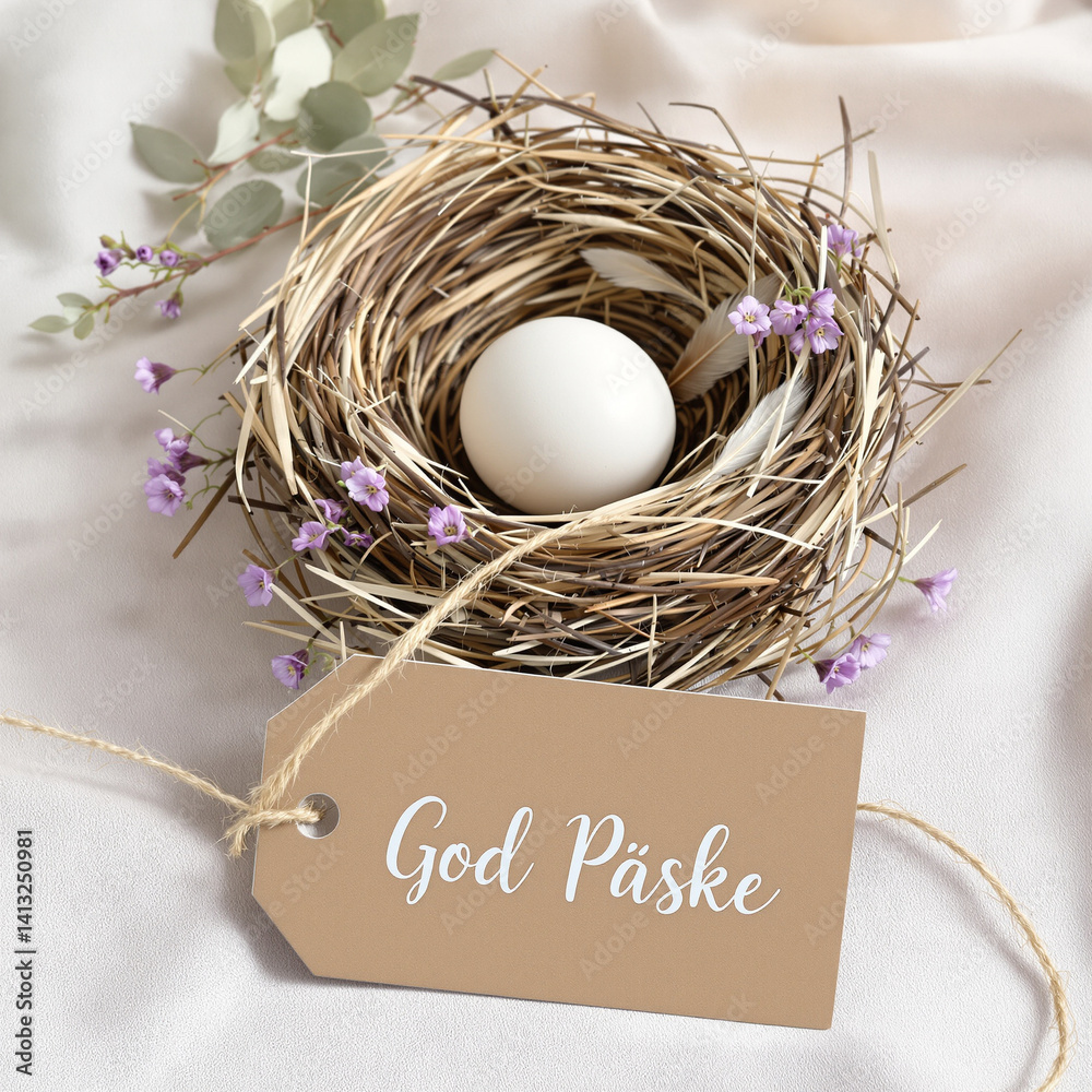Elegant Easter Nest Arrangement with Spring Flowers and Rustic Touch