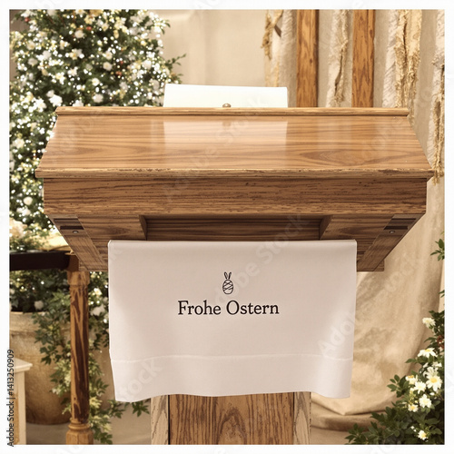 Obraz na płótnie Elegant Rustic Lectern With White Linen and Easter Greetings w salonie