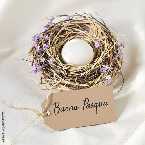Elegant Easter Nest Arrangement with Flowers and Rustic Tag
