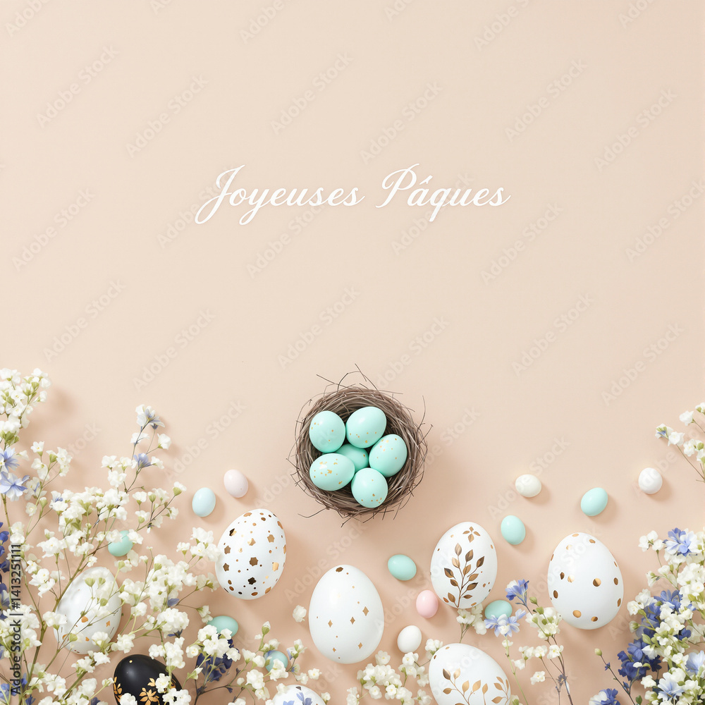 Elegant Pastel Easter Arrangement with Decorative Eggs and Floral Touches