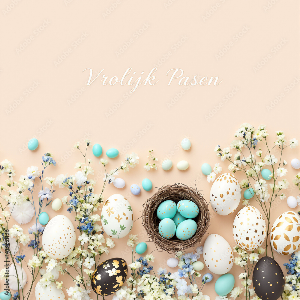 Elegant Pastel Easter Arrangement with Decorative Eggs and Flowers