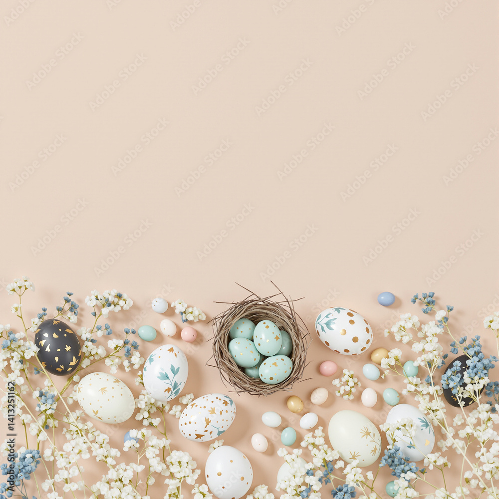 Elegant Pastel Easter Flat Lay with Decorative Eggs and Floral Accents