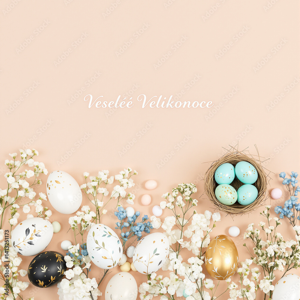 Elegant Pastel Easter Decor with Hand-Painted Eggs and Floral Accents