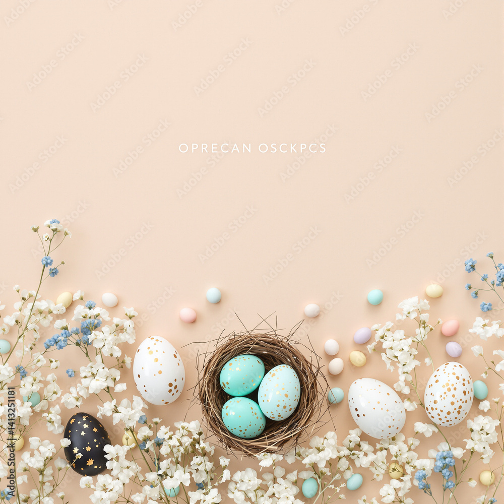Elegant Pastel Easter Flat Lay with Decorative Eggs and Floral Accents