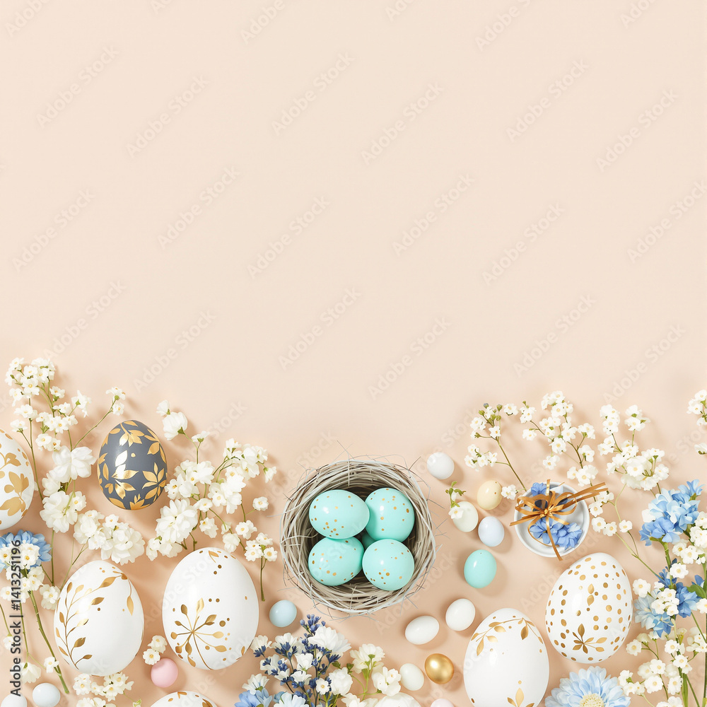 Elegant Pastel Easter Flat Lay with Hand-Painted Decorative Eggs and Botanical Accents - Καλό Πάσχα